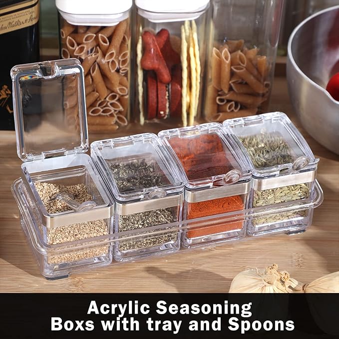 2 Set Acrylic Seasoning Organizer Box 8 Pcs Clear Seasoning Rack Spice Pots Condiments Containers with Lids and Spoons Storage Container Spice Jar for Salt Sugar Cruet Kitchen Cooking Organizer-Ruum Studio Home
