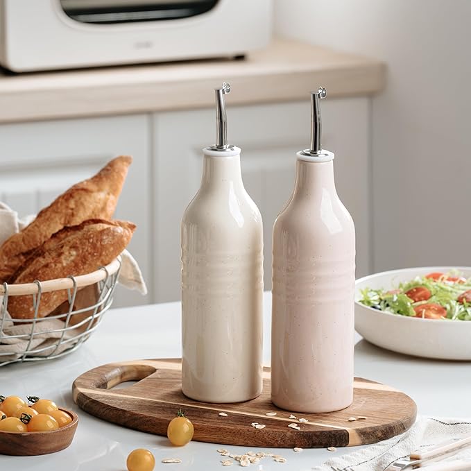 famiware Jupiter 16oz Ceramic Olive Oil Dispenser Bottle, Olive Oil and Vinegar Dispenser Bottle Set of 2 with Stainless Steel Pourers, Suitable for Storage Vinegar, Vanilla White & Light Pink-Ruum Studio Home
