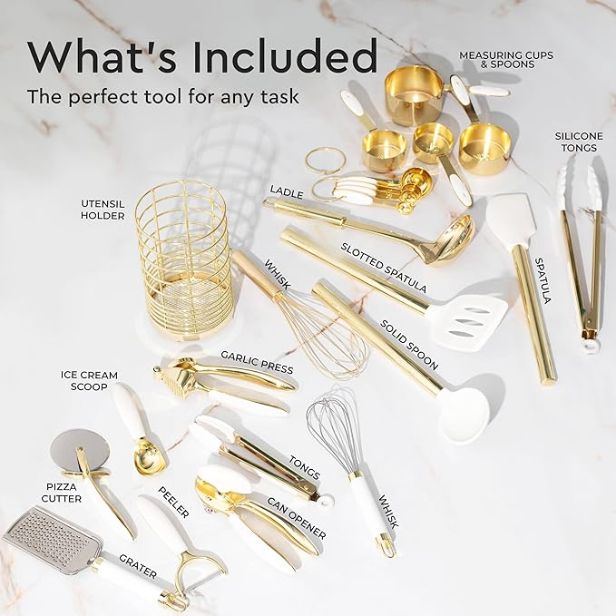 White and Gold Kitchen Utensils Set - 23-Piece Gold Kitchen Accessories Include Measuring Cups and Spoons Set, Silicone Utensils, and Utensil Holder for Baking, Cooking, and Stylish Kitchen Decor-Ruum Studio Home