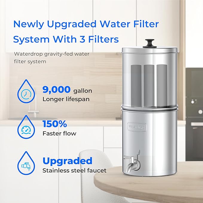Waterdrop Gravity-fed Water Filter System, with Upgrade 3 Black Carbon Filters and Metal Spigot, 9000 Gallon Longer Lifespan and 150% Faster Flow, King Tank Series, 2.25G-Ruum Studio Home