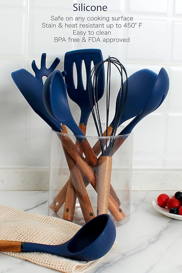 Country Kitchen Non Stick Silicone Utensil Set with Rounded Wood Handles for Cooking and Baking, 8 Piece Set, Navy-Ruum Studio Home