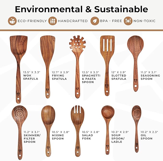 Wooden Spoons for Cooking, 10 Pcs Wooden Cooking Utensils Set – Wooden Utensil Set for Nonstick Pans & Cookware – Teak Wood - Sturdy, Lightweight & Heat Resistant-Ruum Studio Home