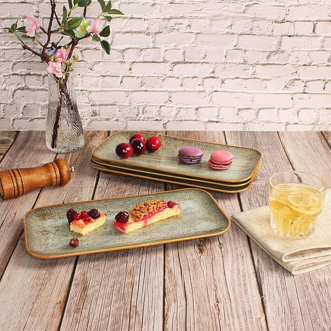 Ceramic Dinner Plates Dish Set, Set of 4, Microwave Oven and Dishwasher Safe,Scratch Resistant, Dinnerware Kitchen Porcelain Serving Dishes Brown glaze change, 12.4 Inch Rectangle plate-Ruum Studio Home
