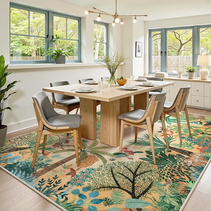 LIVEBOX Boho 8x10 Area Rugs for Living Room, Washable Soft Jungle Animal Print Rug for Bedroom, Farmhouse Non Slip Rug Floor Carpet, Forest Dining Room Rugs for Under Table-Ruum Studio Home
