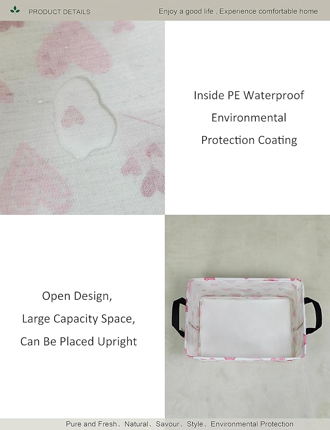 Rectangular Folding Laundry Basket,waterproof Canvas Basket,gift basket,Suitable for children's room,Office,Clothes,Toys Storage(Pink Love)-Ruum Studio Home