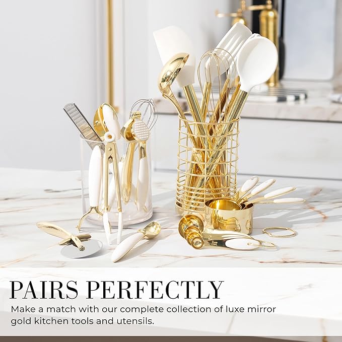 White & Gold Cooking Utensils Set - Luxe 8-Piece Kitchen Gadget Set Includes Can Opener, Tongs and Garlic Press - Stylish White and Gold Kitchen Accessories for Modern Kitchens, Ideal for Gifting-Ruum Studio Home