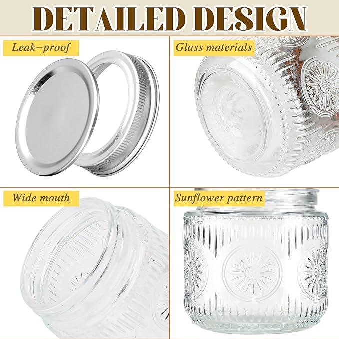 Mason Jars 8 oz - Vintage Small Glass Mason Jars with Silver Metal Lids, Regular Mouth Canning Jars, Safe For Storage, Canning, Pickling, Preserving, Fermenting, DIY Crafts & Decor (6Pack)