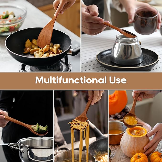 Wooden Spoons for Cooking, Nonstick Kitchen Utensils Set with 4 Piece Measuring Spoons, Comfort Grip Wooden Spatula Set, 9 Piece Teak Wooden Cooking Utensils with Holder and Spoon Rest-Ruum Studio Home