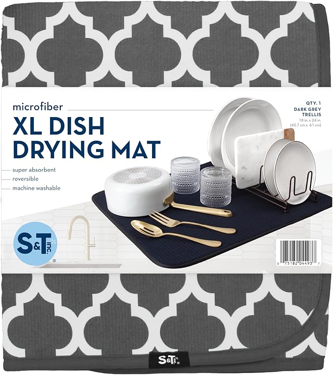 S&T INC. Dish Drying Mat XL, 18” x 24”, Absorbent Microfiber Kitchen Counter Mat, Dish Drying Pad for Dishes, Utensils, Pots and Pans, Extra Large, Pewter Grey Trellis-Ruum Studio Home