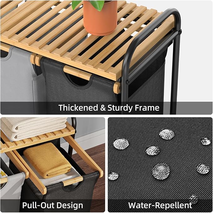 Laundry Hampers 3 Section, Laundry Sorter with Removable Shelf and Pull-Out Bags, Clothes Hampers with Wheels Rolling Cart Basket for Laundry Room Bathroom, 3 x 40 L (Black White Gray)-Ruum Studio Home
