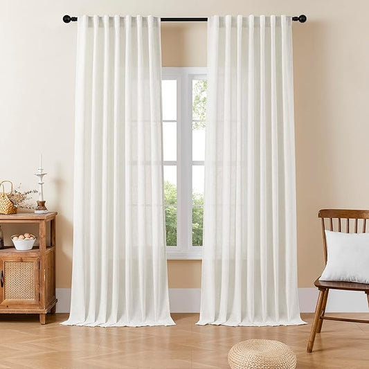Joydeco Light Filtering Curtains 96 Inch Length for Bedroom, Linen Curtains 96 Inch Length 2 Panels Set for Living Room,White Semi Sheer Drapes 96 Inches Long with Rod Pockets-Ruum Studio Home