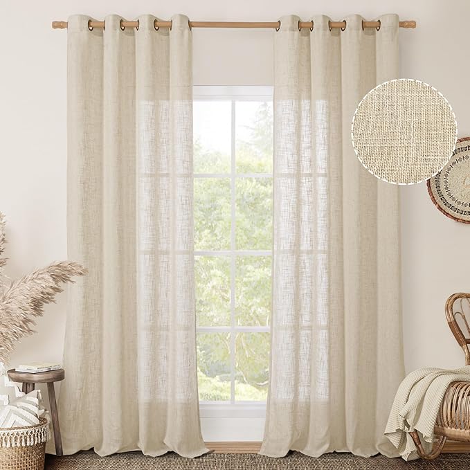 LAMIT Light Filtering Sheer Linen Curtains 102 inches Long, Linen Textured Semi Sheer Bronze Grommet Natural Boho Drapes for Living Room/Farmhouse, 2 Panels, Linen, 52 x 102 Inch-Ruum Studio Home