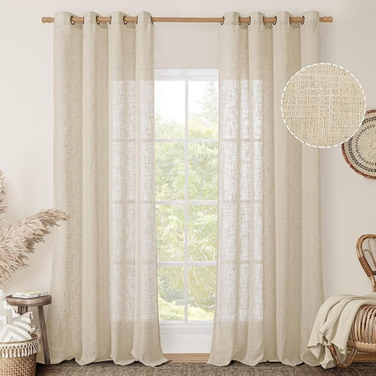 LAMIT Light Filtering Sheer Linen Curtains 102 inches Long, Linen Textured Semi Sheer Bronze Grommet Natural Boho Drapes for Living Room/Farmhouse, 2 Panels, Linen, 52 x 102 Inch-Ruum Studio Home