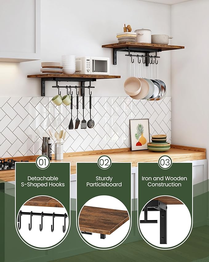 Wall-Mounted Pot Racks, Set of 2 Hanging Pot Rack, Floating Shelves, Wall Shelves, Vintage Pot Hangers for Kitchen, Wall Rack for Kitchen Storage, Rustic Brown and Black TPR26P2BF-Ruum Studio Home