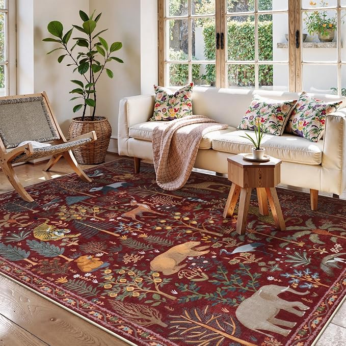 OJIA Jungle Print Washable Area Rugs 5x7, Soft Rugs for Living Room Ultra-Thin Non-Shedding Modern Bedroom Rug, Stain Resistant Throw Rug Large Carpet for Kids Nursery Dining Room, Red-Ruum Studio Home