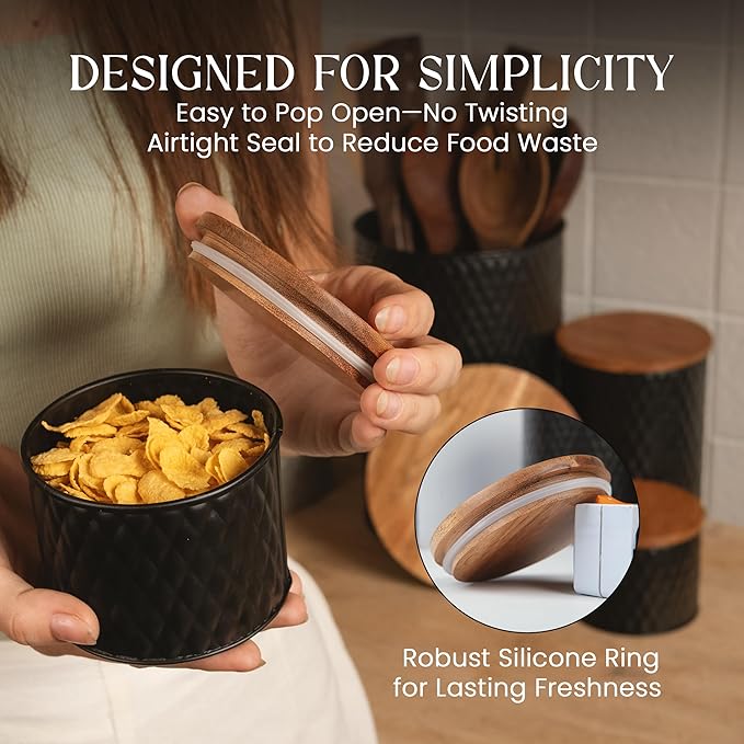 6 Canister Set for the Kitchen Countertop – Metal Food Storage Canisters with Airtight Lids for Flour, Tea, Crafts, Coffee, & Sugar – Container Set with Modern Wood Lids, Black-Ruum Studio Home