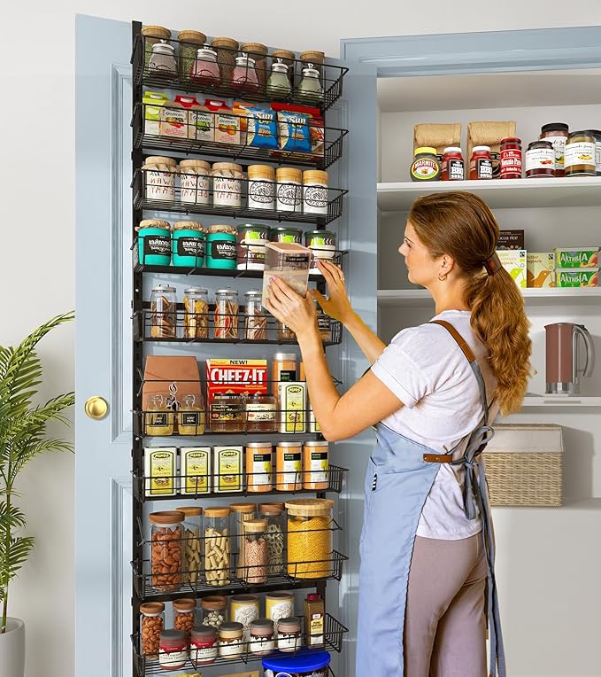 10-Tier Over The Door Pantry Organizer, Pantry Organization and Storage, Black Metal Hanging Adjustable Basket, Wall Spice Rack Seasoning Shelves, Home & Kitchen Essentials-Ruum Studio Home