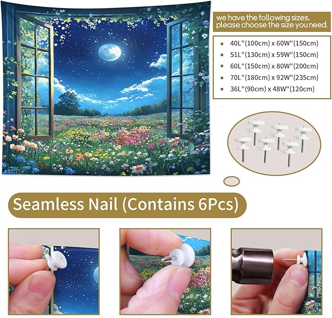 LB Wildflower Moon Tapestry, Window Forest Plant Green Leaf and Garden Colorful Floral Wall Tapestry for Bedroom, Night Sky Wall Art for Living Room Dorm Home Decor Ready to Hanging, 59 x 51 Inches-Ruum Studio Home