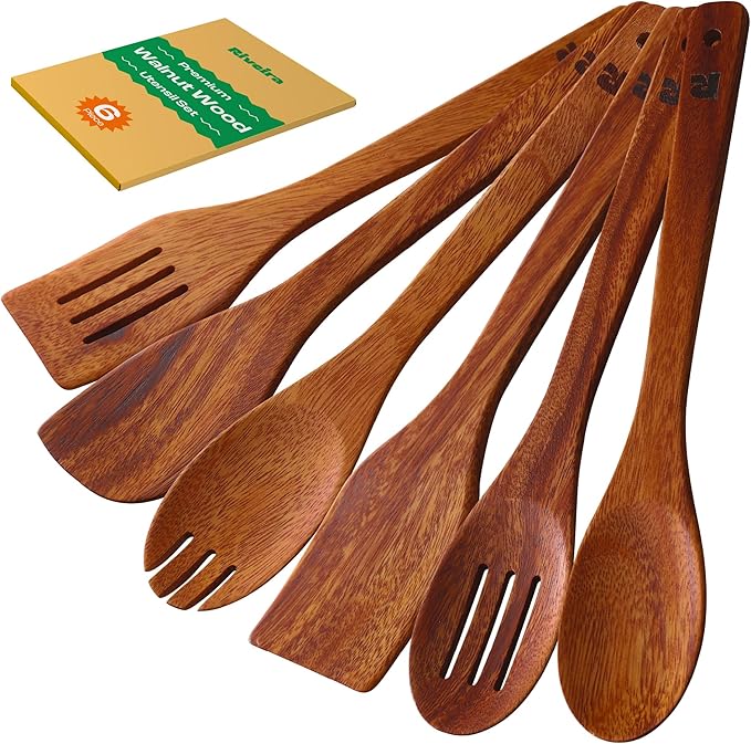 Riveira Walnut Wooden Spoons for Cooking Set of 6 – Natural Walnut Wooden Cooking Utensils, Spatula, Spoon - Premium Quality Utensil Set for Non-Toxic Cooking-Ruum Studio Home