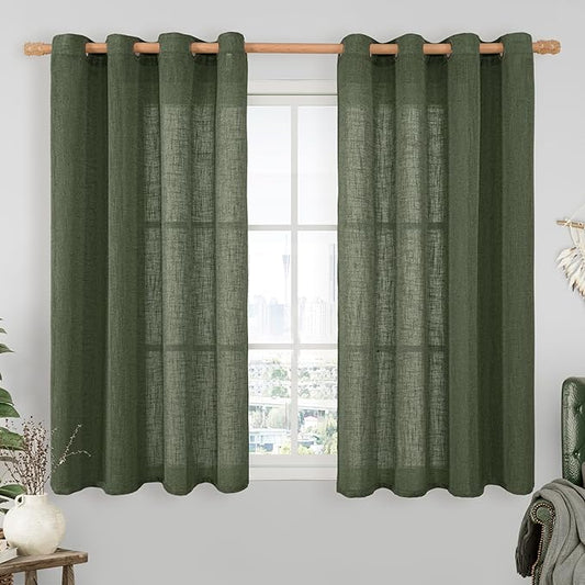 LAMIT Olive Green Linen Semi Sheer Curtains 45 Inch for Bedroom, Light Filtering Neutral Window Curtains Boho Bronze Grommet Christmas Decor Panels, 2 Panels, 52 x 45 Inch-Ruum Studio Home