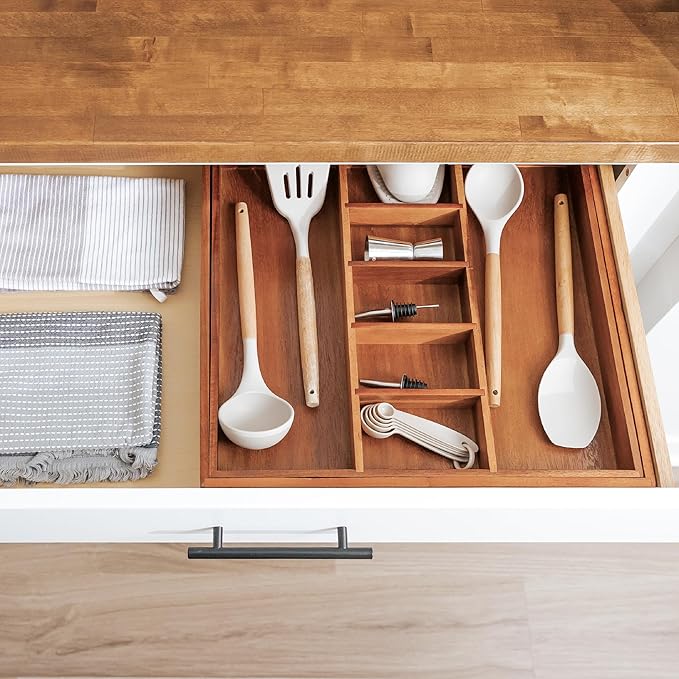Adjustable Kitchen Drawer Organizer for Utensils and Junk, Food-Safe Contract Grade with 100% Sustainable Wood, Non-Slip, Expandable from 18.5 to 33 Inches Wide - Natural Acacia-Ruum Studio Home