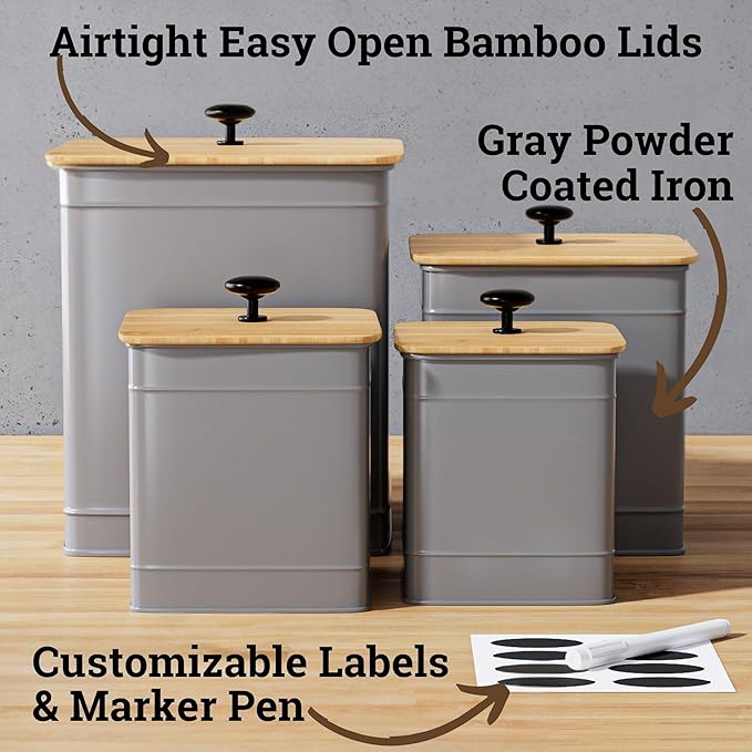 Kitchen Canisters for Countertop Set of 4 with Customizable Chalkboard Labels & Marker Pen - Big Iron Kitchen Canisters with Airtight Lids - Gray Canister Set - Flour and Sugar Containers Farmhouse-Ruum Studio Home