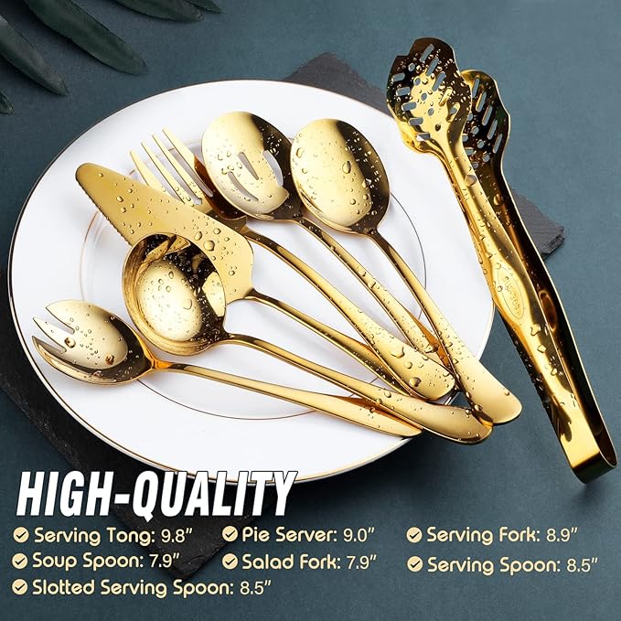 Gold Serving Utensils, OGORI 10-Piece Polished Stainless Steel Gold Serving Utensils Set Include Serving Spoons, Slotted Serving Spoon, Serving Tongs, Serving Fork, Salad Fork, Soup Ladle, Pie Server-Ruum Studio Home