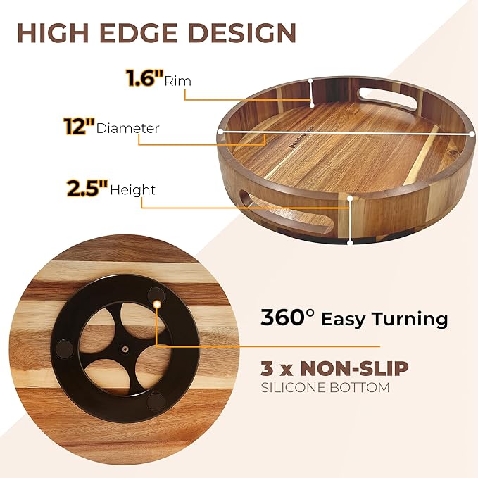 Lazy Susan for Table top 12 inch Wooden Large Lazy Susan Turntable Tray Organizer for Cabinet, Dining Table Centerpiece, Pantry, Kitchen Spice Cabinet Countertop Organizer, 100% Acacia Wood-Ruum Studio Home