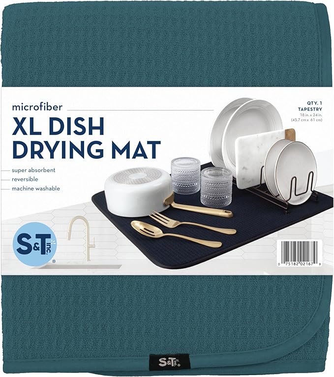 S&T INC. Dish Drying Mat XL, 18” x 24”, Absorbent Microfiber Kitchen Counter Mat, Dish Drying Pad for Dishes, Utensils, Pots and Pans, Extra Large, Tapestry Blue-Ruum Studio Home