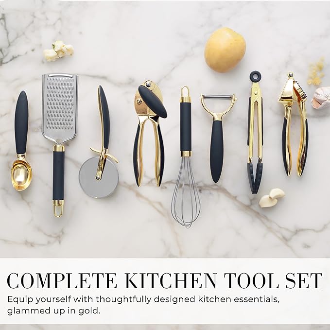 Black and Gold Kitchen Utensils - Luxe 8-Piece Gold Kitchen Tools Set with Can Opener, Pizza Cutter, Peeler, Mini Whisk, and Tongs - Stylish Accessories for Modern Cooking and Ideal for Gifting-Ruum Studio Home