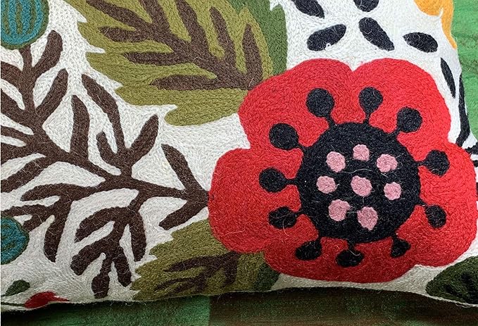 Lumbar Cream Suzani Cushions - Boho Floral Throw Pillows | Outdoor Pillows & Chair Cushions - Hand Embroidered Wool Size - 14x20-Ruum Studio Home