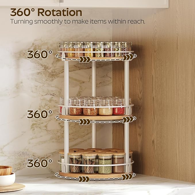 3-Tier Lazy Susan Organizer, Rotating Spice Rack, Spinning Organizer, Industrial Turntable Spice Rack Organizer for Cabinet, Kitchen Countertop, Pantry, White and Natural SR23WN-Ruum Studio Home