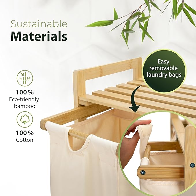 Laundry basket with wheels beige - Large Bamboo Laundry Sorter with Removable Cotton Bags - 3 Section laundry room organization - Durable, Eco-Friendly, and Stylish Storage Solution for Home-Ruum Studio Home