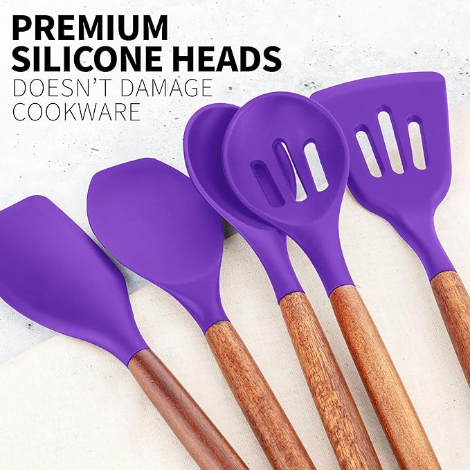 Zulay Kitchen Non-Stick Cooking Utensils Set with Authentic Acacia Wood Handles – 5-Piece Durable & Stylish Silicone Kitchen Utensils Set – Heat Resistant to 464°F – Purple-Ruum Studio Home