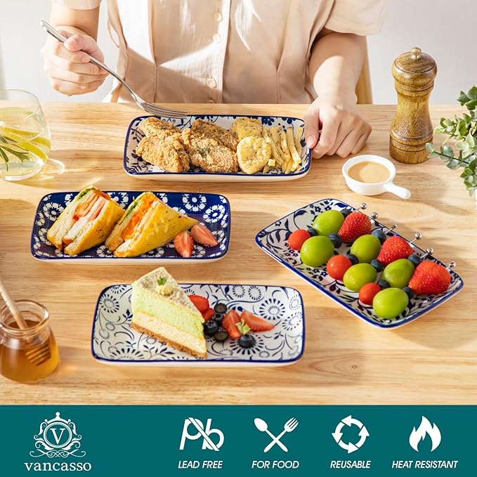 vancasso Selene 8.5 Inch Rectangular Salad Plates Set of 6, Ceramic Salad Plates for Sushi, Dessert, Appetizer, Porcelain Platters for Kitchen Decor, Microwave & Oven Safe, Vintage Blue & White Color-Ruum Studio Home