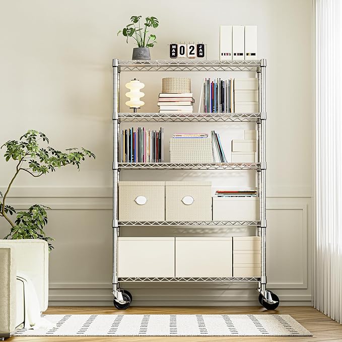 IZEUK 5-Tier Storage Shelving Unit with Wheels, Adjustable Heavy Duty Steel Wire Rack Organizer (Chrome, 17.7" D x 47.2" W x 76.7" H, 1750 lbs Capacity) for Garage, Kitchen, Pantry, Laundry, Basement-Ruum Studio Home