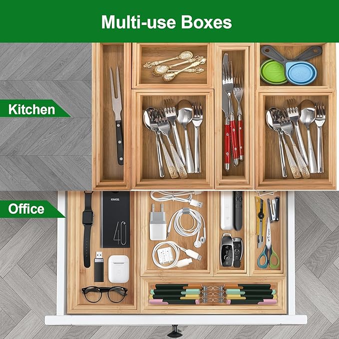 Bamboo Drawer Organizer, 2PCS Stackable Storage Boxes for Utensil Organizer, Wood Tray for kitchen, Bathroom and Bedroom 12" x 3" x 2"-Ruum Studio Home