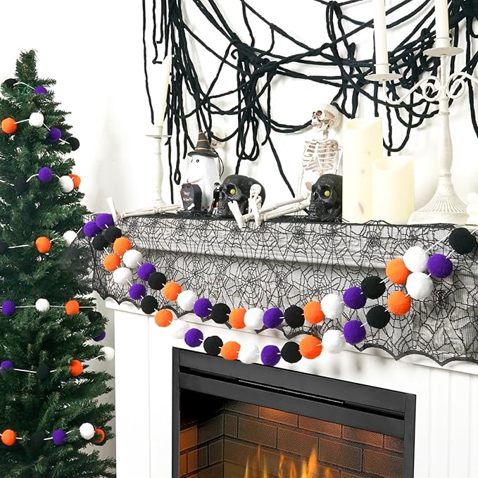 TBD Decor 2pk Halloween Decorations Pom Pom Garland,13FT Colorful Large Felt Ball Garland,Cute Hanging Halloween Party Decorations for Mantle,Indoor Birthday Party Supplies