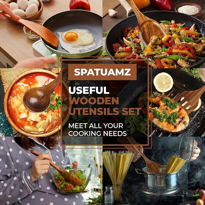 SPATUAMZ Wooden Cooking Spoons, Ladle and Spatula, Fine Polished Teak Wood Cooking Utensils Set of 6, Nonstick Wooden Kitchen Spoon & Spatula Set-Ruum Studio Home