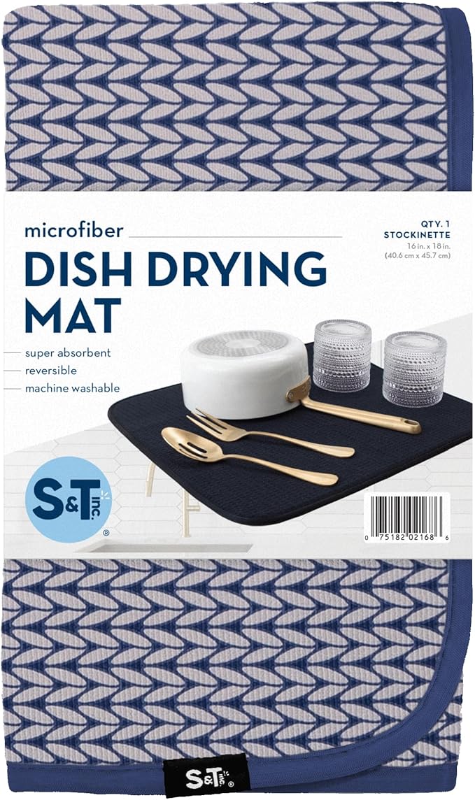 S&T INC. Dish Drying Mat, 16” x 18”, Absorbent Microfiber Kitchen Counter Mat, Dish Drying Pad for Dishes, Utensils, Pots and Pans, Large, Blue Stockinette-Ruum Studio Home