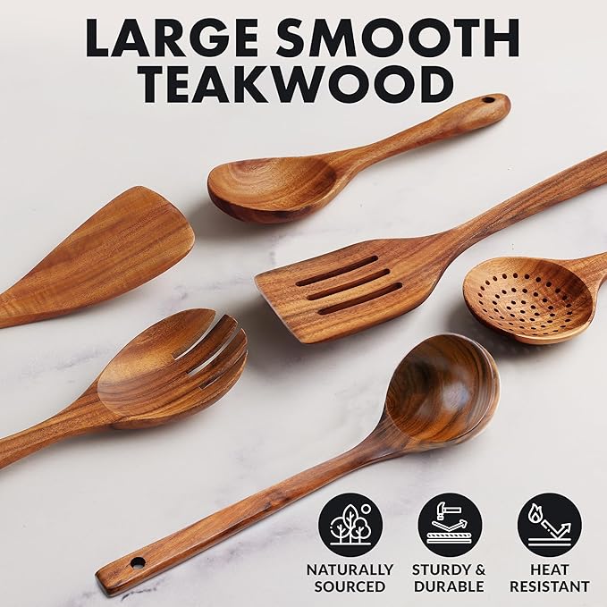Zulay Kitchen Extra-Large 6-Piece Wooden Spoon Set - Smooth Teak Cooking Utensils - Comfort-Grip Non-Stick Turner, Spatula, Skimmer, Fork, Serving Spoon-Ruum Studio Home
