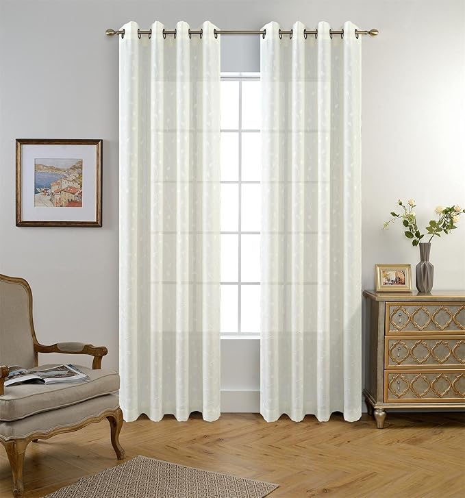 MIUCO Floral Embroidered Semi Sheer Curtains Faux Linen Grommet Curtains for Girls Room 52 x 84 Inch Set of 2, Off White-Ruum Studio Home