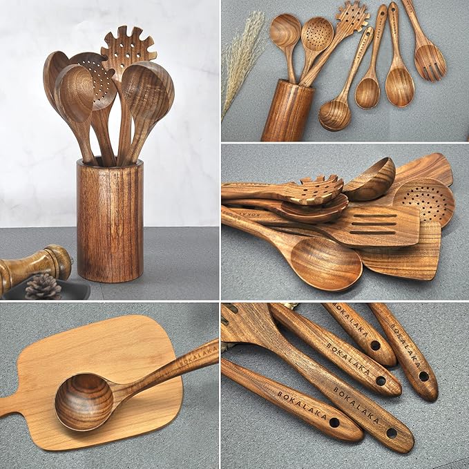 Wooden Spoons for Cooking,10 Pcs Natural Teak Wooden Kitchen Utensils Set Wooden Utensils for Cooking Wooden Cooking Utensils Wooden Spatulas for Cooking-Ruum Studio Home