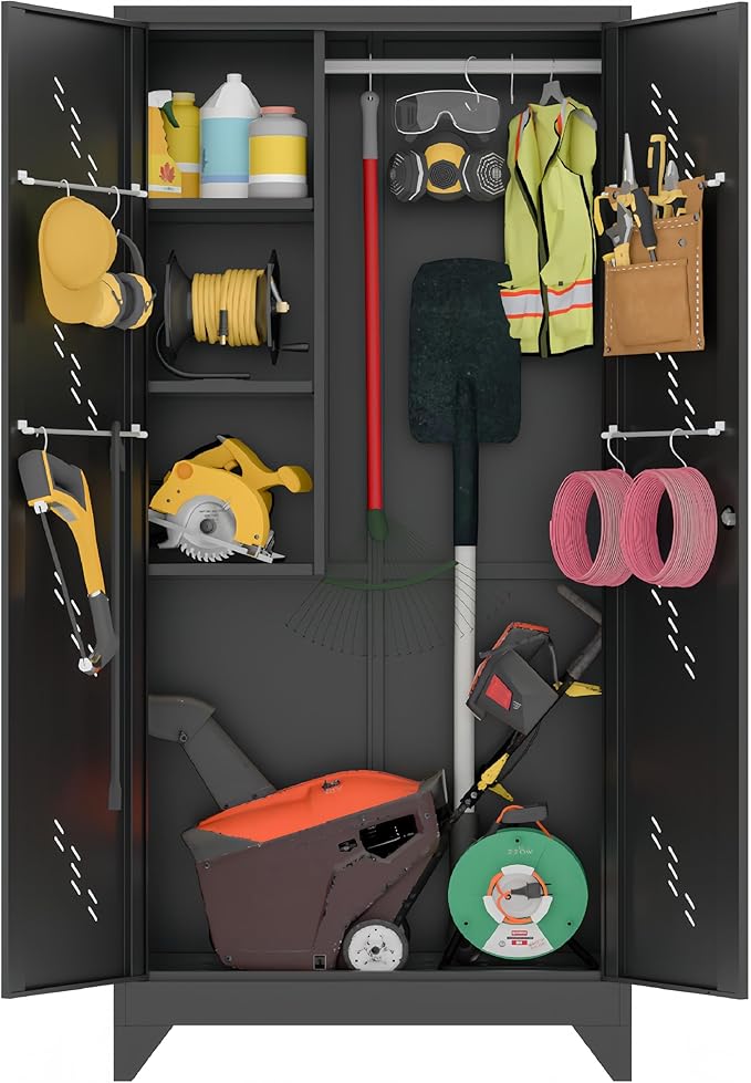 75" Metal Storage Cabinet, Tool Cabinets with Hooks, Garage Storage Cabinet with Lock, Heavy-Duty Tool Cabinet for Utility Room, Gym, Basement, Broom Closet Cabinet, Black-Ruum Studio Home
