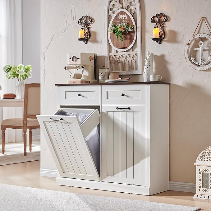 Double Tilt Out Laundry Hamper Cabinet, 20 Gallon Farmhouse Trash Can Cabinet with Drawer, Hidden Wood Garbage Can Bin Cabinets with Laundry Storage Basket for Bathroom, Kitchen (Antique White)-Ruum Studio Home