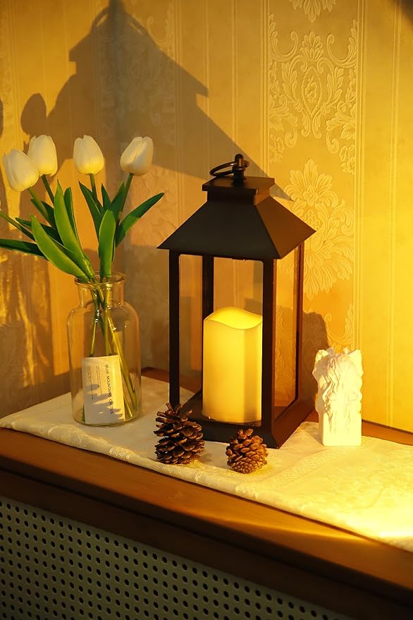 YAKii Hanging Glass Panes Lantern Portable Led Lantern Decorative Operated by 3AAA Battery Use for Garden Yard, Indoor Decoration Candle (Black)-Ruum Studio Home