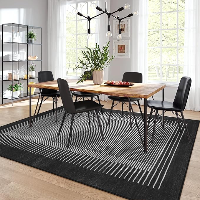 Wonnitar Striped Black Area Rugs 9x12 Living Room, Non-Slip Soft Berber Stripe Bedroom Rug, Low Pile Minimalist Floor Carpet for Dining Room Living Room Department (Black,9' x 12')-Ruum Studio Home