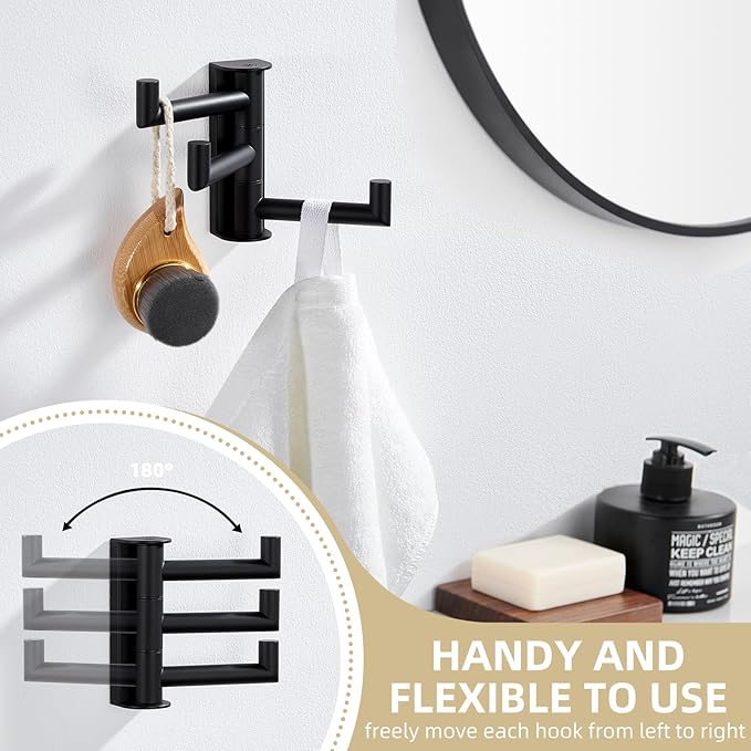 Angle Simple Swivel Towel Hook 3 Arms, SUS 304 Stainless Steel Foldable Bathroom Robe Towel Hook, Wall Coat Holder, Matte Black-Ruum Studio Home