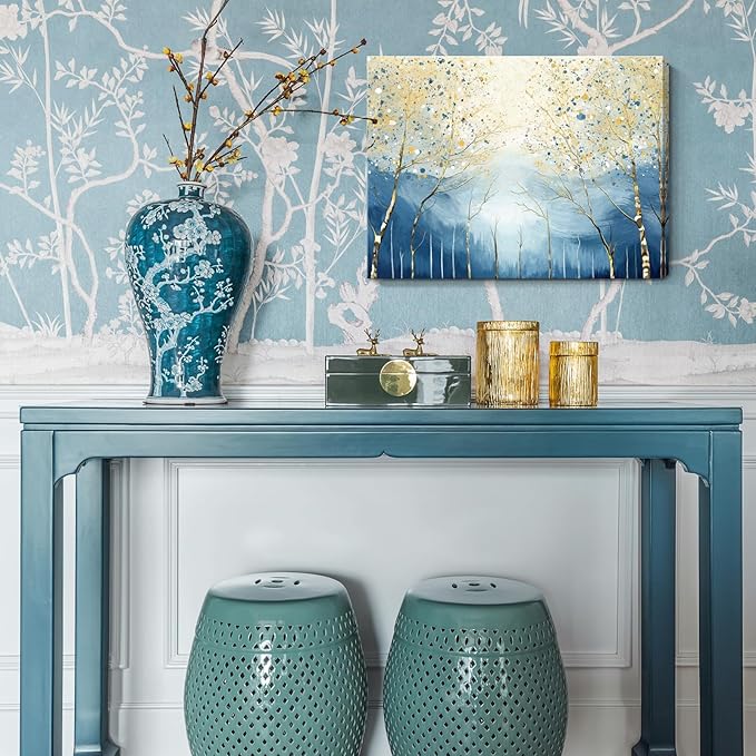 amatop Abstract Tree of Life Wall Art– Modern Blue Yellow Picture Forest Birch Mountain Canvas Print Minimalist Landscape Small Nature Artwork for Bathroom Bedroom Office Decor,16x12 Inch-Ruum Studio Home