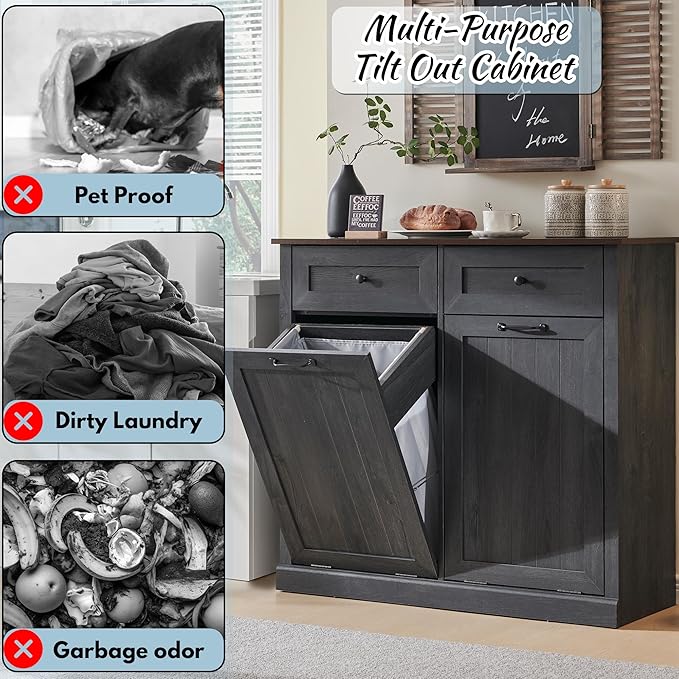 Double Tilt Out Laundry Hamper Cabinet, 20 Gallon Farmhouse Trash Can Cabinet with Drawer, Hidden Wood Garbage Can Bin Cabinet with Laundry Storage Basket for Bathroom, Kitchen, Dark Grey-Ruum Studio Home